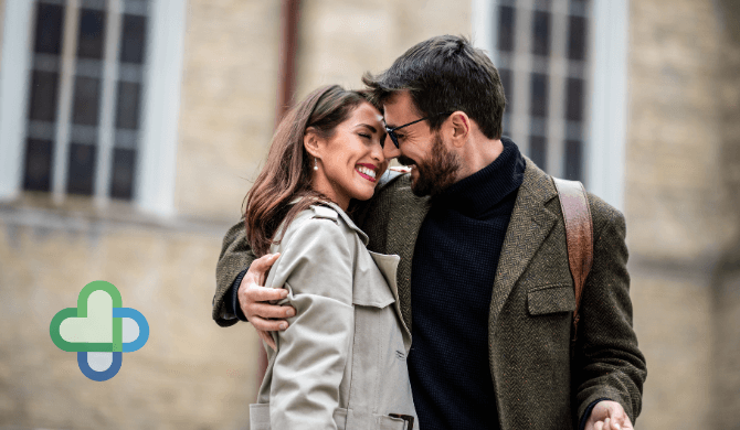 man with erectile dysfunction with his partner smiling - buy cheap erectile dysfunction treatment online