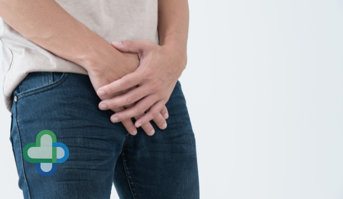 Man hold hand in front of private parts feeling discomfort problems, erectile dysfunction, premature ejaculation,